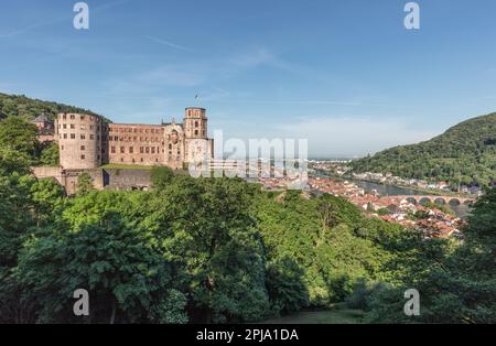 Il Castello di Heidelberg, sul colle di Konigstuhl, un edificio rinascimentale gotico del XIII secolo nella valle del Neckar, si affaccia sulla città Vecchia e sul fiume Neckar. Heidelberg. Foto Stock