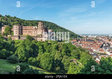 Il Castello di Heidelberg, sul colle di Konigstuhl, un edificio rinascimentale gotico del XIII secolo nella valle del Neckar, si affaccia sulla città Vecchia e sul fiume Neckar. Heidelberg. Foto Stock