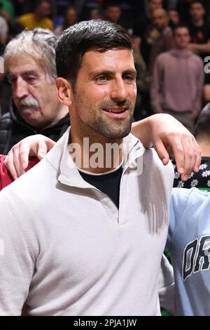 Belgrado, Serbia, 29 marzo 2023. Novak Djokovic reagisce durante la partita della Turkish Airlines Eurolega del 2022/2023 tra Crvena Zvezda MTS Belgrado e Valencia Basket presso la Aleksandar Nikolic Hall di Belgrado, in Serbia. Marzo 29, 2023. Credito: Nikola Krstic/Alamy Foto Stock