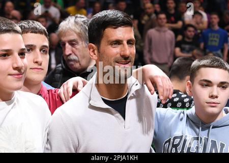 Belgrado, Serbia, 29 marzo 2023. Novak Djokovic reagisce durante la partita della Turkish Airlines Eurolega del 2022/2023 tra Crvena Zvezda MTS Belgrado e Valencia Basket presso la Aleksandar Nikolic Hall di Belgrado, in Serbia. Marzo 29, 2023. Credito: Nikola Krstic/Alamy Foto Stock