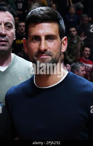 Belgrado, Serbia, 29 marzo 2023. I tennisti Novak Djokovic reagiscono durante la partita Eurolega della Turkish Airlines del 2022/2023 tra Crvena Zvezda MTS Belgrado e Valencia Basket presso la Aleksandar Nikolic Hall di Belgrado, in Serbia. Marzo 29, 2023. Credito: Nikola Krstic/Alamy Foto Stock