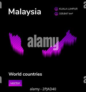 Mappa Malese 3D stilizzata a righe vettoriali in colori viola su sfondo nero Illustrazione Vettoriale