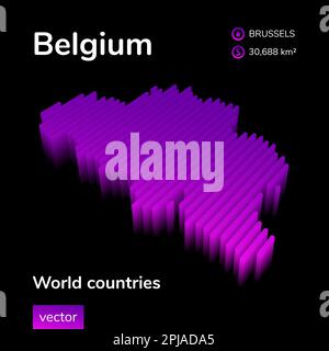 Mappa del Belgio 3D. Mappa vettoriale digitale a strisce isometriche al neon stilizzate in colori viola e rosa su sfondo nero Illustrazione Vettoriale