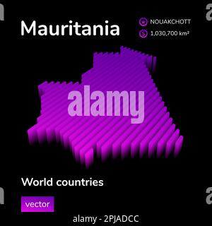 Mauritania mappa 3D. Mappa vettoriale a strisce al neon isometrica stilizzata. La carta della Mauritania è di colore viola su sfondo nero Illustrazione Vettoriale