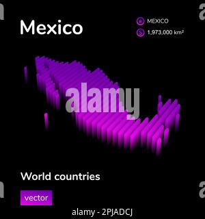 Mappa Messico 3D. Mappa vettoriale digitale a strisce isometriche al neon stilizzate in colori viola e rosa su sfondo nero. Banner, poster, volantino didattico Illustrazione Vettoriale