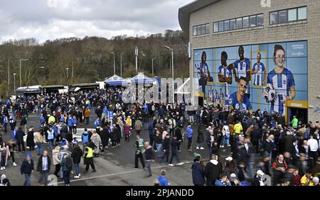 Brighton East Sussex, Regno Unito. 1st Apr, 2023. I tifosi arrivano allo stadio prima della partita della Brighton V Brentford Premier League presso l'Amex Stadium di Brighton. Credit: MARTIN DALTON/Alamy Live News Foto Stock