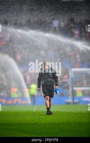 Brighton, Regno Unito. 01st Apr, 2023. Ispezione del campo prima della partita della Premier League tra Brighton & Hove Albion e Brentford all'Amex il 1st 2023 aprile a Brighton, Inghilterra. (Foto di Jeff Mood/phcimages.com) Credit: PHC Images/Alamy Live News Foto Stock