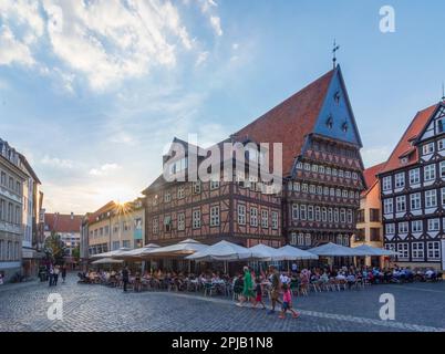 Hildesheim: Piazza Markt, Bäckeramtshaus (Baker's Guild Hall), Knochenhaueramtshaus (Butcher's Guild Hall), ristorante all'aperto, case a graticcio, Foto Stock