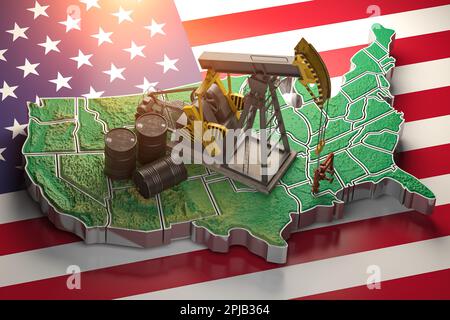 Pompa dell'olio e barili di petrolio sulla mappa degli Stati Uniti/ concetto di industria del petrolio greggio degli Stati Uniti. illustrazione 3d Foto Stock