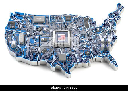 Industria dei semiconduttori negli Stati Uniti, produzione di chip per computer e intelligenceconcept artificiale. Scheda madre con processore CPU in forma di mappa di United Foto Stock