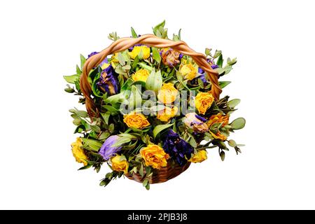 Cesto con rose secche gialle e violacee, isolato su fondo bianco. Bouquet di fiori appassiti. Rosa essiccata gialla e blu nella composizione autunnale. Foto Stock