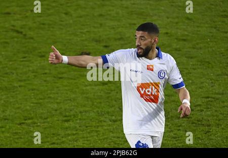 Seraing, Belgio. 01st Apr, 2023. Tarik Tissoudali di Gent reagisce durante una partita di calcio tra RFC Seraing e KAA Gent, sabato 01 aprile 2023 a Seraing, il 31° giorno della 2022-2023° divisione del campionato belga della 'Jupiler Pro League'. FOTO DI BELGA JOHN THYS Credit: Belga News Agency/Alamy Live News Foto Stock