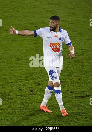 Seraing, Belgio. 01st Apr, 2023. Tarik Tissoudali di Gent reagisce durante una partita di calcio tra RFC Seraing e KAA Gent, sabato 01 aprile 2023 a Seraing, il 31° giorno della 2022-2023° divisione del campionato belga della 'Jupiler Pro League'. FOTO DI BELGA JOHN THYS Credit: Belga News Agency/Alamy Live News Foto Stock