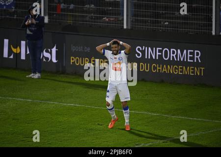 Seraing, Belgio. 01st Apr, 2023. Tarik Tissoudali di Gent reagisce durante una partita di calcio tra RFC Seraing e KAA Gent, sabato 01 aprile 2023 a Seraing, il 31° giorno della 2022-2023° divisione del campionato belga della 'Jupiler Pro League'. FOTO DI BELGA JOHN THYS Credit: Belga News Agency/Alamy Live News Foto Stock