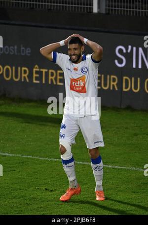 Seraing, Belgio. 01st Apr, 2023. Tarik Tissoudali di Gent reagisce durante una partita di calcio tra RFC Seraing e KAA Gent, sabato 01 aprile 2023 a Seraing, il 31° giorno della 2022-2023° divisione del campionato belga della 'Jupiler Pro League'. FOTO DI BELGA JOHN THYS Credit: Belga News Agency/Alamy Live News Foto Stock