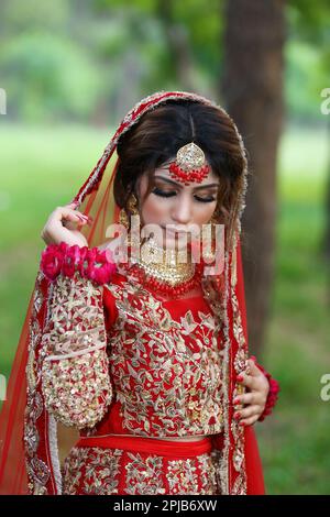 Sposa indiana vestita con abiti da sposa tradizionali Foto Stock