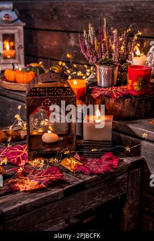 Bella terrazza autunno decorazione con zucche, lanterna, piante e fiori Foto Stock