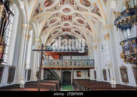 Soppalco d'organo e affreschi del soffitto, Chiesa di San Andrew a Fischbachau, alta Baviera, Baviera, Germania Foto Stock