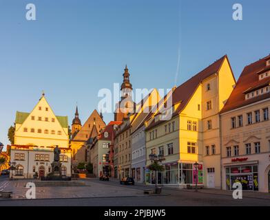 Lutherstadt Eisleben: Piazza Markt, Municipio, Chiesa di San Andreas, monumento Martin Luther a Mansfeld, Sachsen-Anhalt, Sassonia-Anhalt, Germania Foto Stock