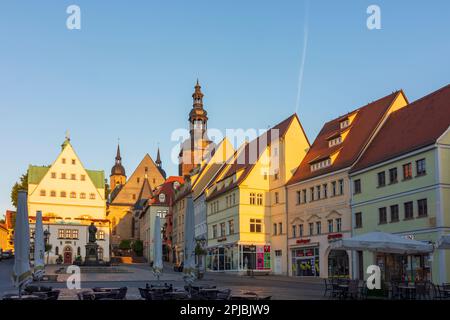 Lutherstadt Eisleben: Piazza Markt, Municipio, Chiesa di San Andreas, monumento Martin Luther a Mansfeld, Sachsen-Anhalt, Sassonia-Anhalt, Germania Foto Stock