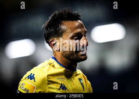 Cascais, Portogallo. 31st Mar, 2023. João Carvalho di Estoril Praia SAD visto durante la partita Liga Bwin tra Estoril Praia SAD e Gil Vicente FC all'Estadio Antonio Coimbra da Mota.(Punteggio finale: Estoril Praia SAD 1 - 0 Gil Vicente FC) (Foto di David Martins/SOPA Images/Sipa USA) Credit: Sipa USA/Alamy Live News Foto Stock