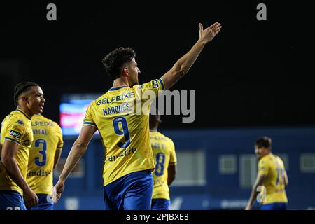 Cascais, Portogallo. 31st Mar, 2023. Alejandro Marques di Estoril Praia SAD reagisce durante la partita di Liga Bwin tra Estoril Praia SAD e Gil Vicente FC all'Estadio Antonio Coimbra da Mota.(Punteggio finale: Estoril Praia SAD 1 - 0 Gil Vicente FC) (Foto di David Martins/SOPA Images/Sipa USA) Credit: Sipa USA/Alamy Live News Foto Stock