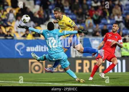 Cascais, Portogallo. 31st Mar, 2023. Joao Carlos di Estoril Praia SAD in azione durante la partita Liga Bwin tra Estoril Praia SAD e Gil Vicente FC all'Estadio Antonio Coimbra da Mota.(Punteggio finale: Estoril Praia SAD 1 - 0 Gil Vicente FC) (Foto di David Martins/SOPA Images/Sipa USA) Credit: Sipa USA/Alamy Live News Foto Stock