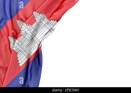 Bandiera della Cambogia in un angolo su sfondo bianco. Isolato. Rendering 3D Foto Stock