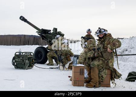 STATI UNITI I paracadutisti dell'esercito hanno assegnato ad Alpha Battery, 2nd battaglione, 377th reggimento dell'artiglieria per paracadute, 2nd squadra di combattimento della Brigata di fanteria (Airborne), 11th divisione Airborne, man a M119 105mm Howitzer presso Husky Drop zone nella Yukon Training Area, ft. Wainwright, Alaska, 29 marzo 2023, durante il Joint Pacific Multinational Readiness Center-Alaska 23-02. JPMRC-AK 23-02 aiuta i soldati e i leader a sviluppare e perfezionare le tattiche, le tecniche e le procedure necessarie per operare con successo in condizioni remote e estreme dell'inverno artico e superare le sfide ambientali e militari. (STATI UNITI Forza aerea Foto Stock