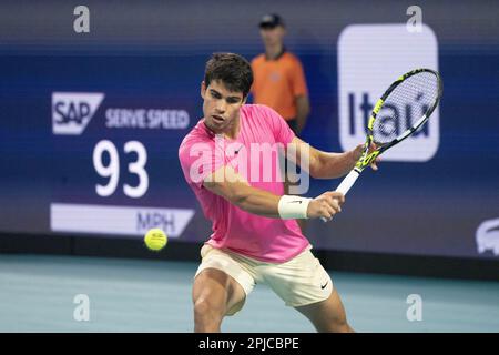 Miami Gardens, Florida, Stati Uniti. 30th Mar, 2023. Marzo, 30 - Miami Gardens: CARLOS ALCARAZ(ESP), in azione qui, gioca Taylor Fritz(USA) durante i quarti di finale del Miami Open 2023 di Itau. (Credit Image: © Andrew Patron/ZUMA Press Wire) SOLO PER USO EDITORIALE! Non per USO commerciale! Foto Stock