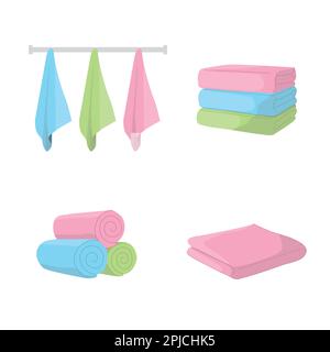 Set di asciugamani per cartoni animati. Telo in tessuto cartoon appeso, arrotolato e piegato. Illustrazione vettoriale. Tessili per il bagno Illustrazione Vettoriale