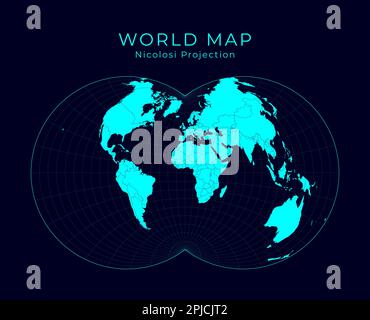 Mappa del mondo. Proiezione globulare Nicolosi. Futuristica illustrazione del mondo dell'infografica. Colori ciano chiari su sfondo scuro. Illustrazione Vettoriale