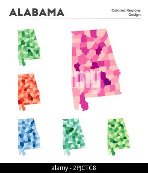 Collezione di mappe dell'Alabama. Confini dell'Alabama per la tua infografica. Regioni a colori degli Stati Uniti. Illustrazione vettoriale. Illustrazione Vettoriale