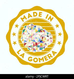 Prodotto a la Gomera. Francobollo rotondo dell'isola. Sigillo di la Gomera con forma a bordo. Badge vintage con testo circolare e stelle. Illustrazione vettoriale. Illustrazione Vettoriale