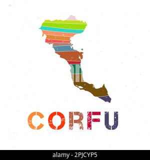 Progettazione di mappe di Corfù. Forma dell'isola con splendide onde geometriche e texture grunge. Accattivante illustrazione vettoriale. Illustrazione Vettoriale