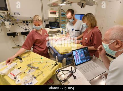 PRODUZIONE - 17 marzo 2023, Sassonia, Lipsia: Nel reparto di neonatologia dell'Ospedale Universitario (UKL), l'infermiera sanitaria e pediatrica Lisa König, studente di medicina nell'anno pratico Cornelius Durrant-Finn e l'infermiera pediatrica e l'infermiera specializzata per cure intensive Gabriele Koch partecipano ad un training di rianimazione per i più piccoli pazienti sul simulatore prematuro del bambino 'Paul', Sotto la supervisione del medico di neonatologia senior, Prof. Dr. MED. Matthias Knüpfer (l-r) nella schermata di configurazione. Appartengono alle squadre di neonatologia dell'UKL, per le quali la cura iniziale di estremamente prematu Foto Stock