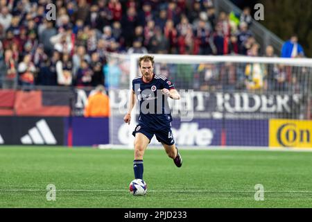 Gillette Stadium. 1st Apr, 2023. Massachusetts, USA; Henry Kessler, difensore della Rivoluzione del New England (4), corre a cavallo di una partita di MLS tra la Rivoluzione del New England e il New York City FC al Gillette Stadium. (c) Burt Granofsky/CSM/Alamy Live News Foto Stock