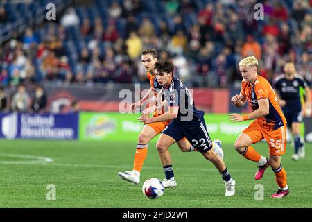 Gillette Stadium. 1st Apr, 2023. Massachusetts, Stati Uniti; il centrocampista della New England Revolution Jack Panayotou (22) sibila in una partita di MLS tra la New England Revolution e il New York City FC al Gillette Stadium. (c) Burt Granofsky/CSM/Alamy Live News Foto Stock