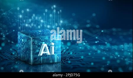 Chip di processore ai della tecnologia Cube. Storage di big data, cloud computing, apprendimento automatico, tecnologia ai blockchain. Intelligenza artificiale. Foto Stock