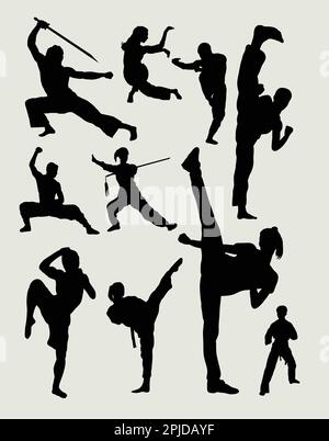 Set di silhouette Martial art posa maschile e femminile. Buon uso per simbolo, logo, icona o qualsiasi design che si desidera. Illustrazione Vettoriale