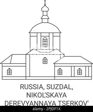 Russia, Suzdal, Nikol'skaya Derevyannaya Tserkov' viaggio punto di riferimento vettore illustrazione Illustrazione Vettoriale