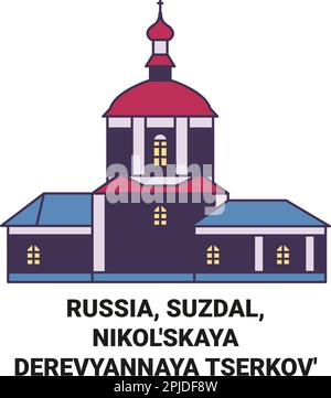 Russia, Suzdal, Nikol'skaya Derevyannaya Tserkov' viaggio punto di riferimento vettore illustrazione Illustrazione Vettoriale