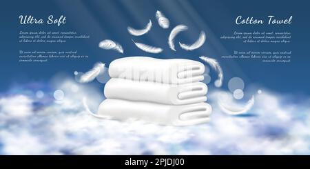 Asciugamani di cotone, stoffa bianca realistica. Morbido bagno pile o pile di tessuti, piume e nuvole volanti, la freschezza dei tessuti dell'hotel. Presentazione del prodotto o banner, spa o annuncio lavanderia. Disegno vettoriale 3D Illustrazione Vettoriale