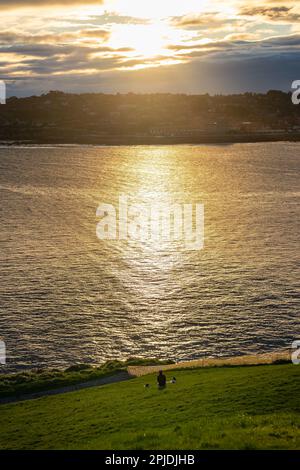 Bella alba sulla città di Gijon con riflessi dorati sulle onde del mare in una giornata tranquilla e serena. Foto Stock