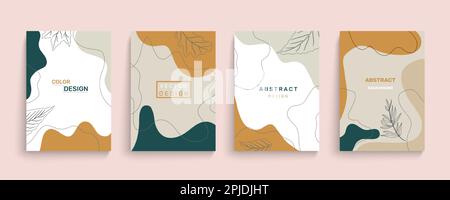 Natura umore floreale, forma astratta poster set. Banner verticali moderni con blobs e linea elementi botanici disegnati a mano, copertine naturali alla moda, modello di posta con foglia. Sfondo del disegno vettoriale Illustrazione Vettoriale