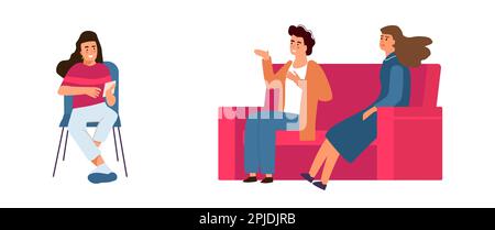Terapia di gruppo. Consultazione psicologica. Trattamento del disturbo mentale. Cura e supporto. Donne sedute su divano e sedia. Consulenza psicoterapeutica. Riabilitazione traumatica. I pazienti parlano. Concetto vettoriale Illustrazione Vettoriale