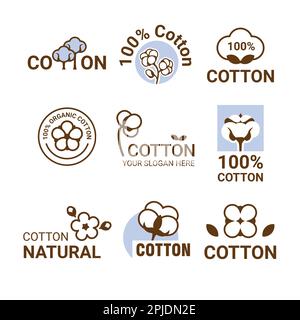 Logo di fiori di cotone. Simbolo organico, fiori morbidi, logotipo di lana. Simbolo eco boll per industria tessile, fibra morbida purissima, etichetta piante pure. Disegno isolato in stile cartoon vettoriale Illustrazione Vettoriale