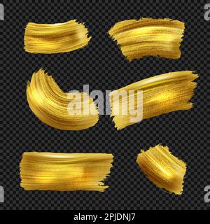 Pennello per vernice oro. Sbavature scintillanti. Set di elementi dorati di lusso natalizio. Effetto brushstroke colore astratto. Macchie gialle isolate con brillantezza brillante. Macchie grunge. Sfondo decor vettoriale Illustrazione Vettoriale