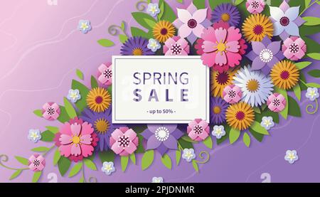 Fiori di primavera, 3D sfondo di carta. Moda natura papercut, fresco estate volantino cinese, belle piante colorate. Banner pubblicitario Web di vendita. Elementi decorativi origami. Sfondo del disegno vettoriale Illustrazione Vettoriale