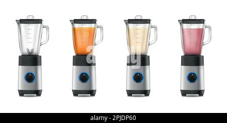 Miscelatore 3D. Frullatore per la casa. Centrifuga per frutta. Macchina da cucina per succhi o frullati con vasetto in vetro per frullare elettricamente. Bere scuotendo. Pieno e vuoto. Set di apparecchi domestici isolati Vector realistic Illustrazione Vettoriale